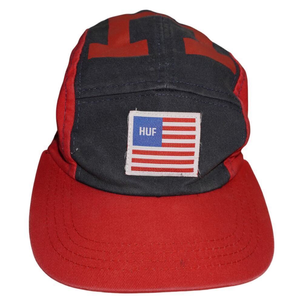 HUF Worldwide 5-Panel Camp Hat Red Gray American Flag Patch Strapback Cap